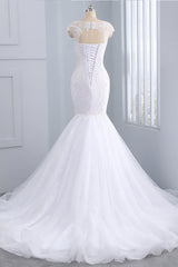 Stunning Jewel Tulle Lace Mermaid Wedding Dress Sleeveless Appliques Bridal Gowns On Sale-27dress