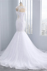 Stunning Jewel Tulle Lace Mermaid Wedding Dress Sleeveless Appliques Bridal Gowns On Sale-27dress