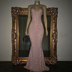 Stunning Long Halter Spaghetti Straps Sequined Mermaid Prom Dress-27Dress