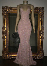 Stunning Long Halter Spaghetti Straps Sequined Mermaid Prom Dress-27Dress