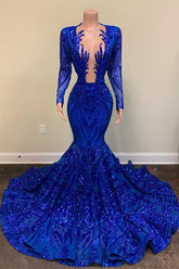 Stunning Mermaid Royal Blue Sequins Prom Dress Long Sleeves With Appliques