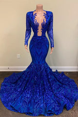 Stunning Mermaid Royal Blue Sequins Prom Dress Long Sleeves With Appliques