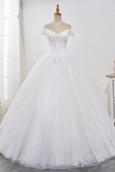 Stunning Off-the-Shoulder Ball Gown White Tulle Wedding Dress Sweetheart Sleeveless Beadings Bridal Gowns Online-27dress