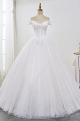 Stunning Off-the-Shoulder Ball Gown White Tulle Wedding Dress Sweetheart Sleeveless Beadings Bridal Gowns Online-27dress