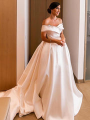 Stunning Off-the-shoulder Satin Ball Gown Wedding Dress With Pockets
