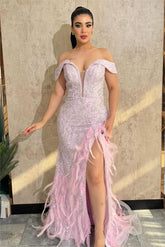 Stunning Off the Shoulder Sleeveless Beaded Long Split Prom Dress With Feathers