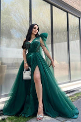 Stunning One Shoulder Sleeveless Long Split Tulle Prom Dress With Beading