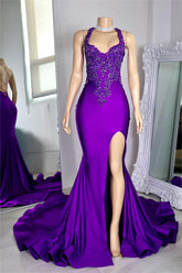 Stunning Purple Halter Sleeveless Mermaid Long Split Prom Dress With Appliques