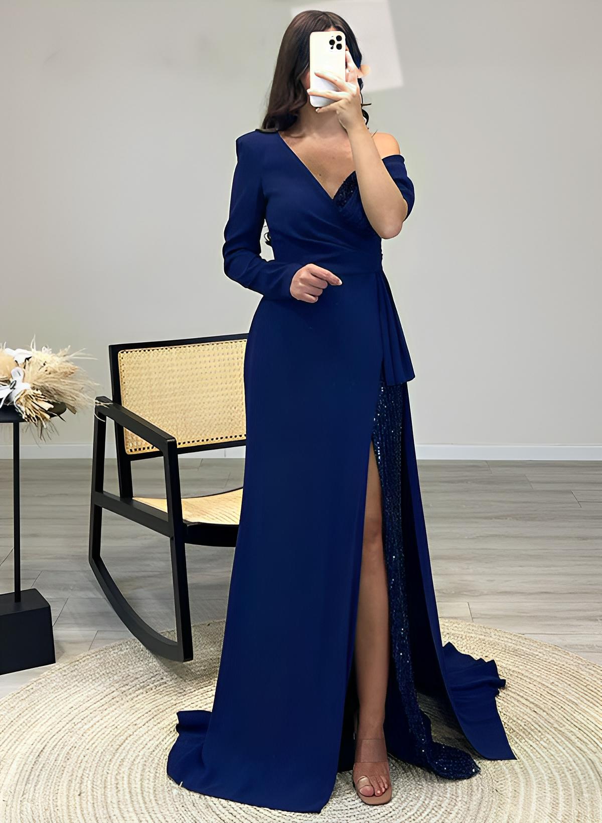 Stunning Satin V-neck Long Prom Dress with Sweep Train 27dress Stunning Satin V-neck Long Prom Dress with Sweep Train 27dress