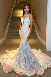 Stunning Sequins Light Crew Neck Sleeveless Long Tight Mermaid Prom Dress