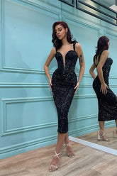Stunning Sleeveless Pleated Short Mermaid Black Sequins Straps Prom Dress