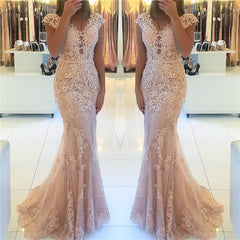 Stunning Tulle Lace Appliques Mermaid Cap Sleeves Long Prom Dress With Belt