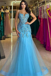 Stunning Tulle Spaghetti Strap Sleeveless Long Prom Dress With Embroidery