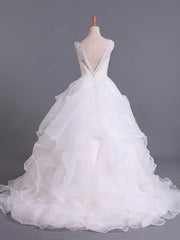 Stunning V-neck Organza Ball Gown Wedding Dress with Court Train and Cascading Ruffles