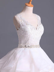 Stunning V-neck Organza Ball Gown Wedding Dress with Court Train and Cascading Ruffles