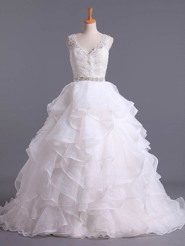 Stunning V-neck Organza Ball Gown Wedding Dress with Court Train and Cascading Ruffles