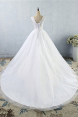Stunning V-Neck Sequins Tulle Wedding Dresses A-Line Lace Appliques Bridal Gowns Online-27dress