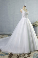 Stunning V-Neck Sequins Tulle Wedding Dresses A-Line Lace Appliques Bridal Gowns Online-27dress