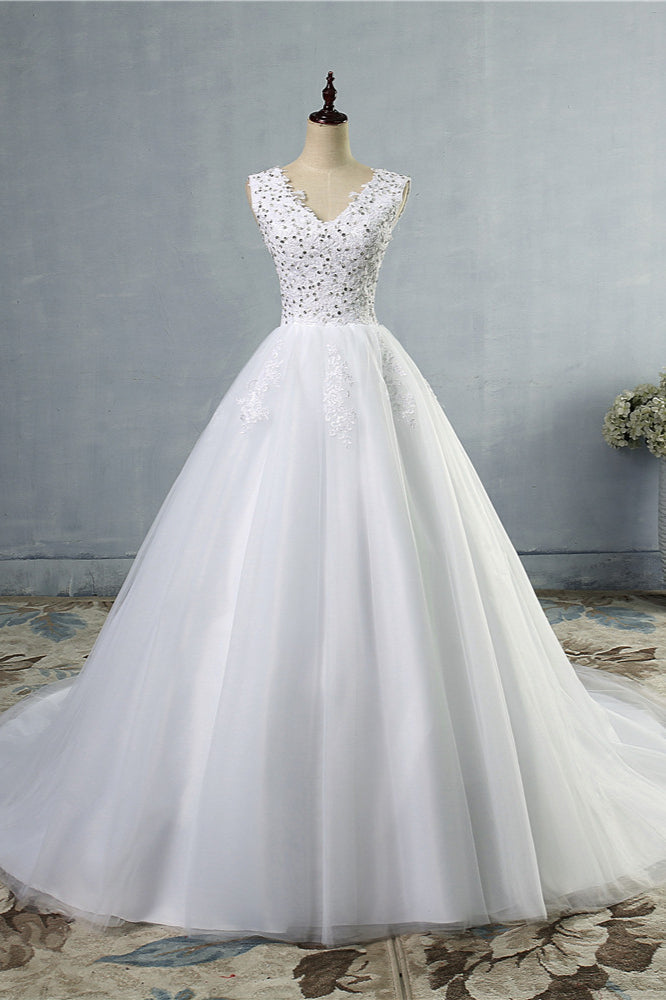 Stunning V-Neck Sequins Tulle Wedding Dresses A-Line Lace Appliques Bridal Gowns Online-27dress