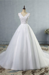Stunning V-Neck Sequins Tulle Wedding Dresses A-Line Lace Appliques Bridal Gowns Online-27dress
