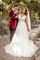 Stunning V-Neck Sleeveless Wedding Dress Tulle Long Bridal Gown-27dress