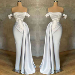 Stunning White Strapless Mermaid Pleated Long Prom Dress Off the Shoulder