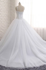 Stunning White Tulle Lace Wedding Dress Strapless Sweetheart Beadings Bridal Gowns with Appliques-27dress
