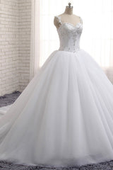 Stunning White Tulle Lace Wedding Dress Strapless Sweetheart Beadings Bridal Gowns with Appliques-27dress