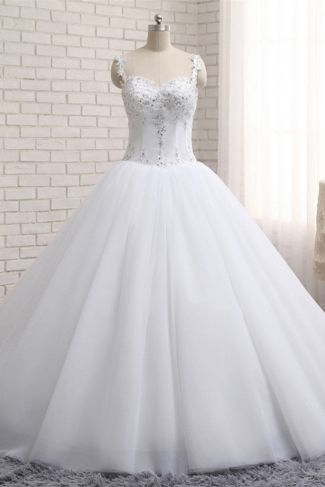 Stunning White Tulle Lace Wedding Dress Strapless Sweetheart Beadings Bridal Gowns with Appliques-27dress