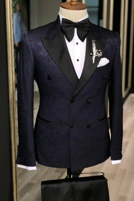 Stylish Jacquard Peaked Lapel Double Breasted Black Prom Suits