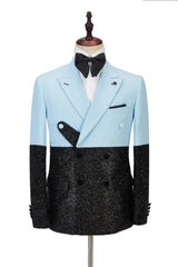 Stylish Blue Peaked Lapel Double Breasted Slim Fit Men Suits For Prom