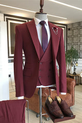 Stylish Peaked Lapel Three Pieces Burgundy Prom Suits