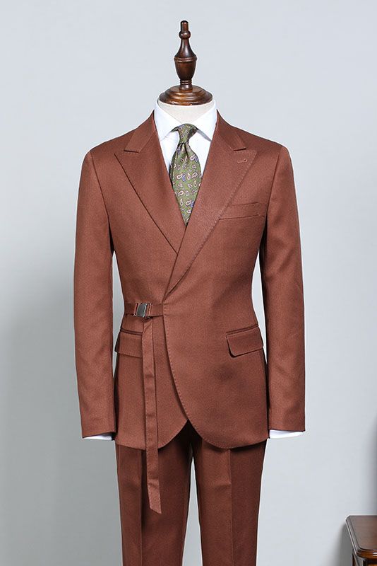 Stylish Caramel With Adjustable Belt Slim Fit Business Suit For Men
