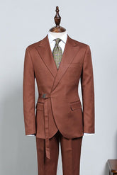 Stylish Caramel With Adjustable Belt Slim Fit Business Suit For Men