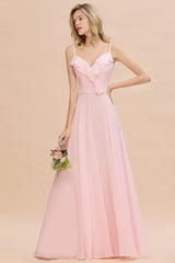 Stylish Draped V-Neck Pink Chiffon Bridesmaid Dress with Spaghetti Straps-27dress