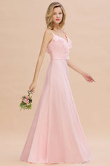 Stylish Draped V-Neck Pink Chiffon Bridesmaid Dress with Spaghetti Straps-27dress