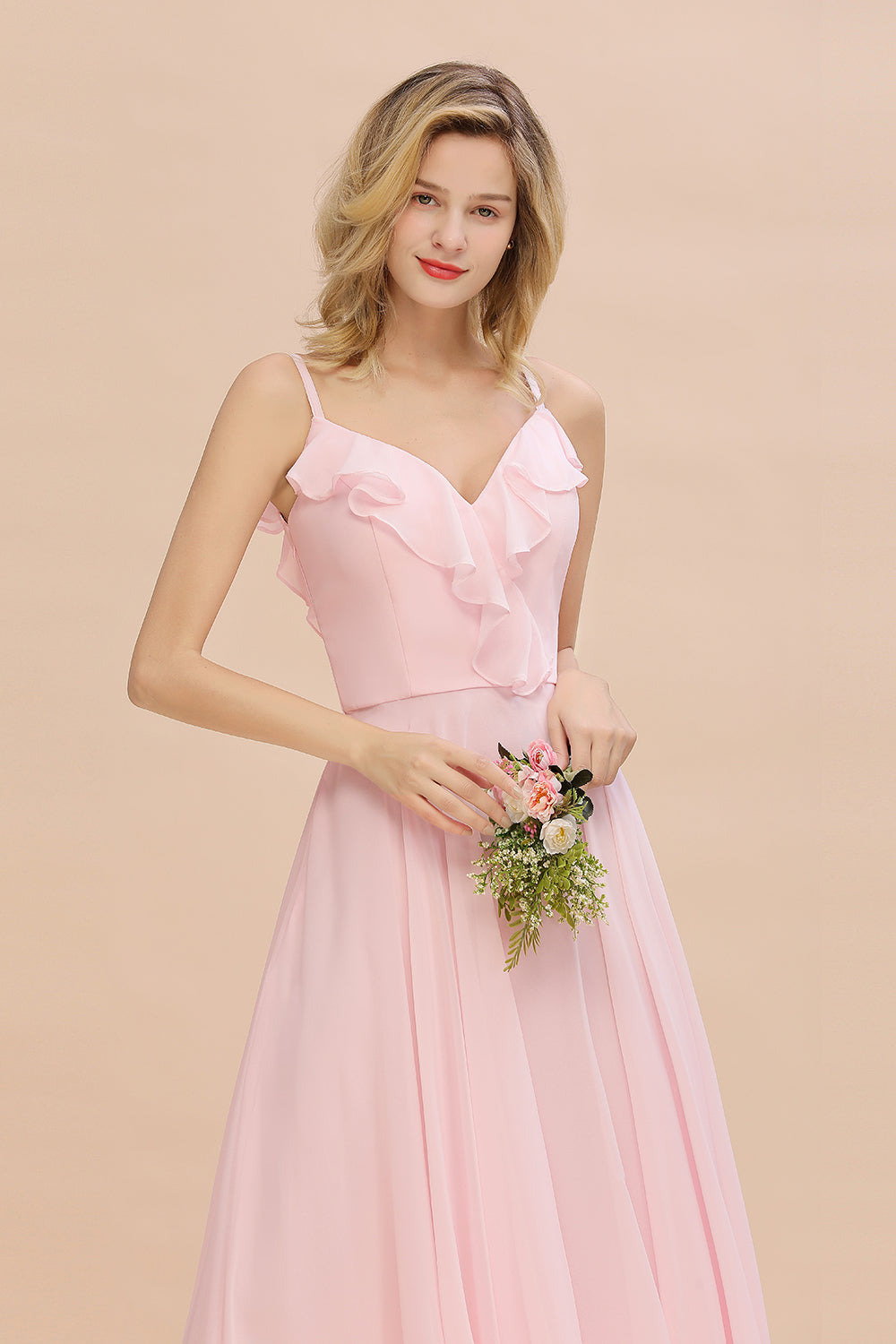 Stylish Draped V-Neck Pink Chiffon Bridesmaid Dress with Spaghetti Straps-27dress