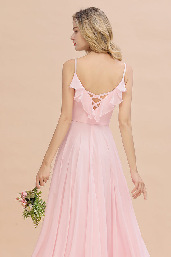 Stylish Draped V-Neck Pink Chiffon Bridesmaid Dress with Spaghetti Straps-27dress