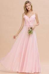 Stylish Draped V-Neck Pink Chiffon Bridesmaid Dress with Spaghetti Straps-27dress