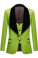 Stylish Three Pieces Jacquard Green Prom Suits With Black Velvet Shawl Lapel