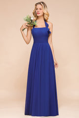 Stylish Halter Backless Royal Blue Bridesmaid Dress Affordable with Ruffle-27dress