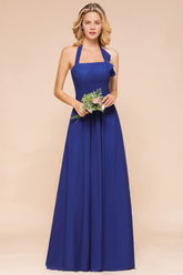 Stylish Halter Backless Royal Blue Bridesmaid Dress Affordable with Ruffle-27dress
