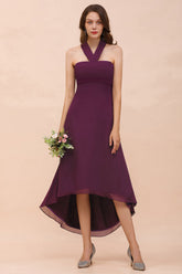 Stylish Hi-Lo Halter Grape Chiffon Affordable Bridesmaid Dresses with Ruffle-27dress