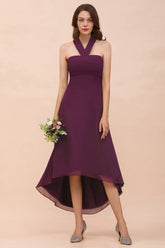 Stylish Hi-Lo Halter Grape Chiffon Affordable Bridesmaid Dresses with Ruffle-27dress