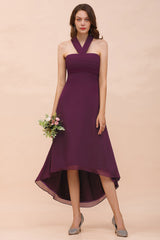 Stylish Hi-Lo Halter Grape Chiffon Affordable Bridesmaid Dresses with Ruffle-27dress