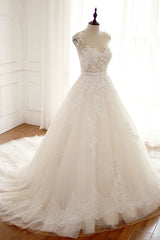Stylish Jewel A-Line Tulle Ivory Wedding Dress Appliques Sleeveless Bridal Gowns with Beading Sash Online-27dress