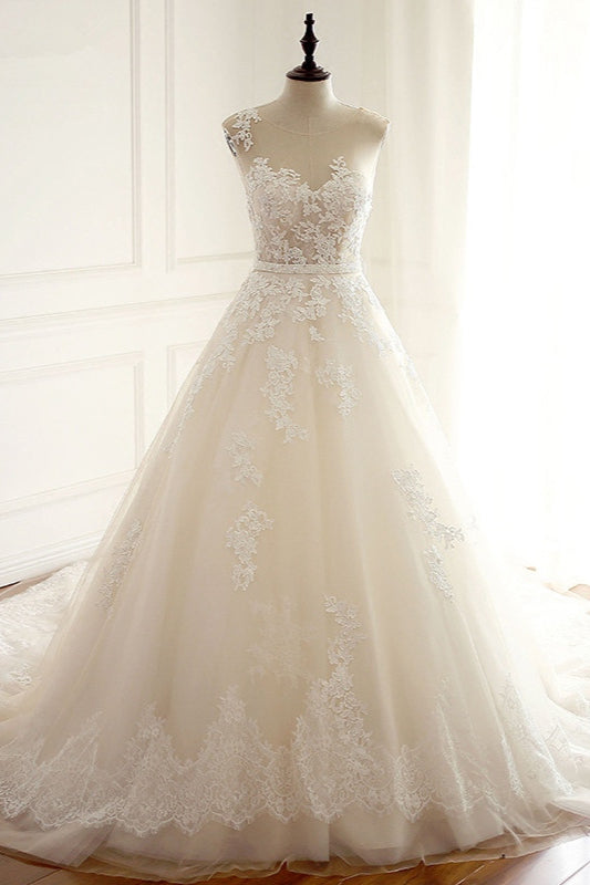 Stylish Jewel A-Line Tulle Ivory Wedding Dress Appliques Sleeveless Bridal Gowns with Beading Sash Online-27dress