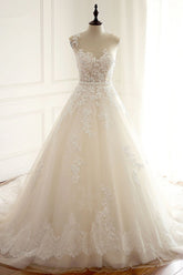 Stylish Jewel A-Line Tulle Ivory Wedding Dress Appliques Sleeveless Bridal Gowns with Beading Sash Online-27dress