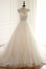 Stylish Jewel A-Line Tulle Ivory Wedding Dress Appliques Sleeveless Bridal Gowns with Beading Sash Online-27dress