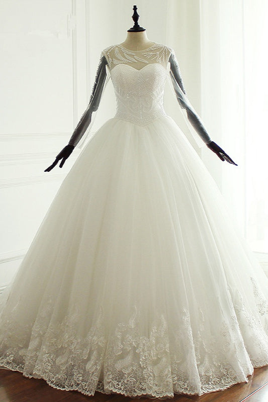 Stylish Jewel Long Sleeves Tulle Wedding Dress Pearls Lace Appliques Bridal Gown with Crystals On Sale-27dress